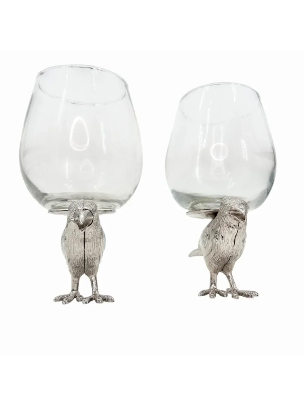NWOT SILVER METAL RAVEN CROW 2 STEMLESS WINE GLASSES EDGAR ALLAN POE HALLOWEEN